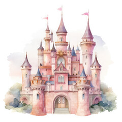 Cute watercolor princess castle Illustration, Generative Ai