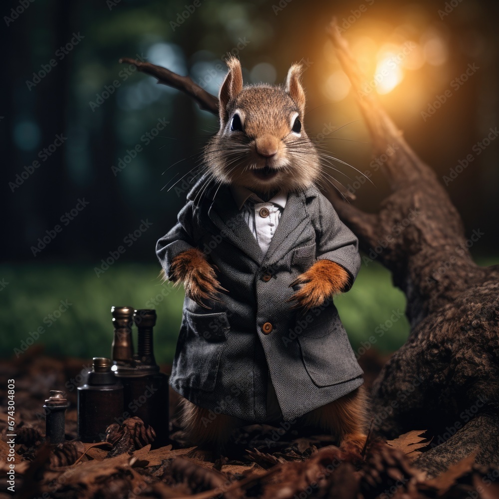 Poster a squirrel dressed in a suit standing next to a bottle. generative ai.
