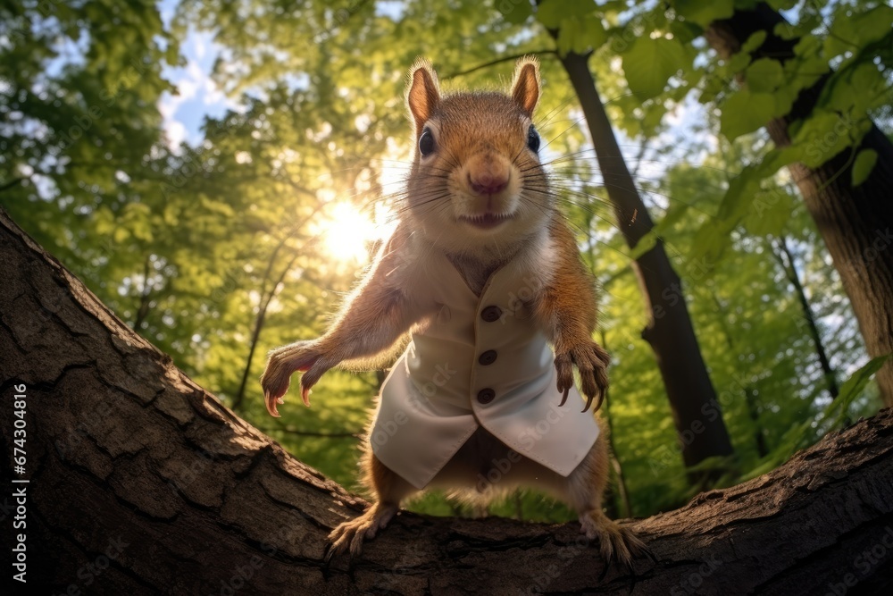 Aufkleber a squirrel dressed in a lab coat standing on a tree branch. generative ai.