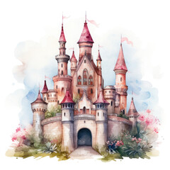 Cute watercolor princess castle Illustration, Generative Ai