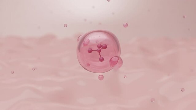 Cosmetic ingredient, collagen atom inside pink water bubble with cream on background. 3D rendering.