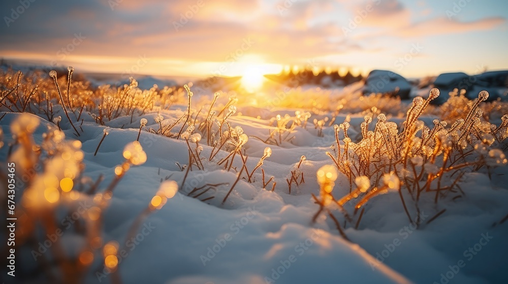 Aufkleber the sun is setting over a field of snow. generative ai.