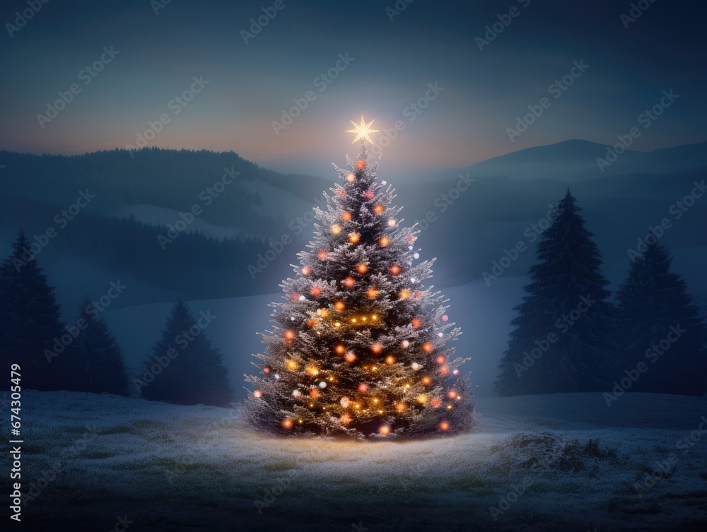 Poster a lighted christmas tree in the middle of a snowy field. generative ai.