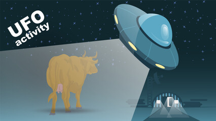 A flat illustration of a cow is stolen by the light coming from a flying UFO