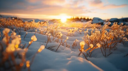 The sun is setting over a field of snow. Generative AI.