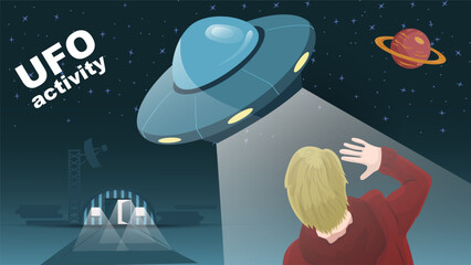 Flat illustration A young man in an orange hoodie covers his face from the light coming from a flying UFO