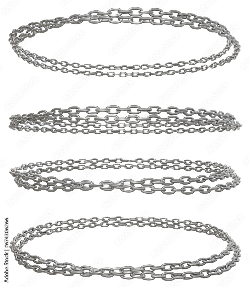 Poster a collection of 3d renderings featuring circular frames made from metal chains, provided in png form