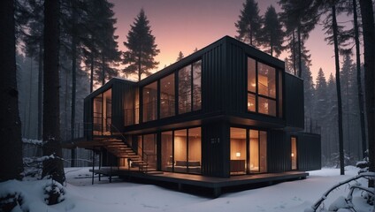 A contemporary dwelling constructed using shipping containers, metal, wood, and glass, emerges gracefully amidst the dense woodland during winter.  Generative AI - obrazy, fototapety, plakaty