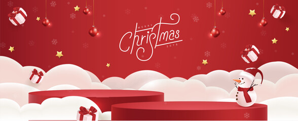 Merry Christmas banner with product display cylindrical shape and festive decoration for christmas and happy new year promotion banner