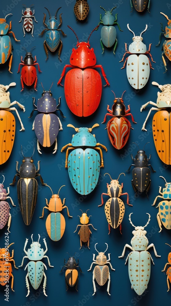 Poster a collection of colorful bugs on a blue background. generative ai.