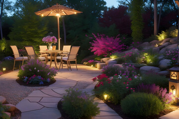 Elevate your space with a beautifully lit house patio, where garden lights harmonize colors and textures for a visual masterpiece.