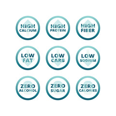 Zero sugar, low sodium and carbs label set. High protein, fiber and calcium vector icons and labels.