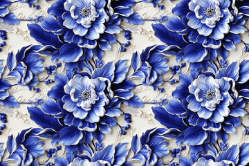 Elegant Blue and White Porcelain Floral Texture. Seamless Repeatable Background.