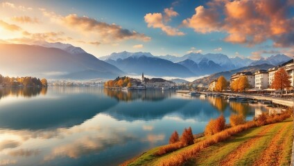 Calming misty lake reflects breathtaking sunrise over tranquil mountain landscape

