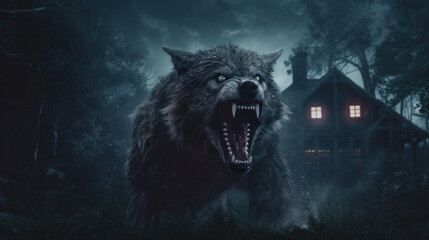 a Hairy werewolf growling in the moonlight over a full moon shining on a dark scary mystery foggy forest with a gothic house under the moon. - obrazy, fototapety, plakaty