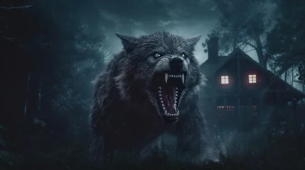 Fotobehang a Hairy werewolf growling in the moonlight over a full moon shining on a dark scary mystery foggy forest with a gothic house under the moon. © tong2530