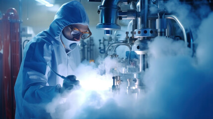 A scientist working with liquid nitrogen from cryogenic tank at sciences laboratory. High tech medical lab equipment used in vitro fertilization process. Artificial insemination. - obrazy, fototapety, plakaty
