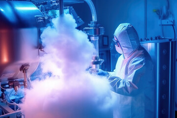 A scientist working with liquid nitrogen from cryogenic tank at sciences laboratory. High tech medical lab equipment used in vitro fertilization process. Artificial insemination.