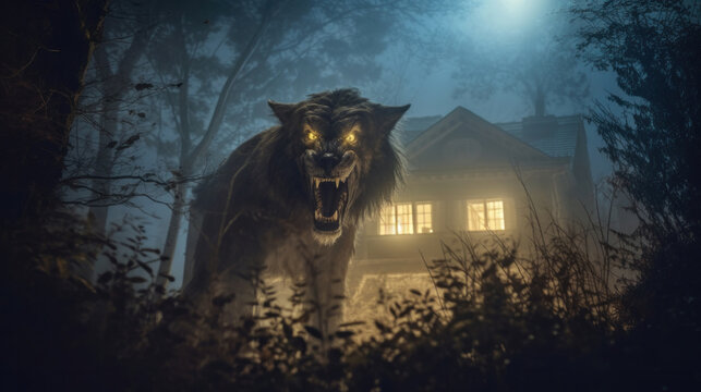 a Hairy werewolf growling in the moonlight over a full moon shining on a dark scary mystery foggy forest with a gothic house under the moon.