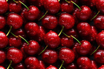 Fresh Red Cherries Close-Up. Seamless Repeatable Background.