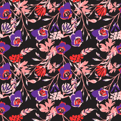 Seamless pattern with abstract flowers. Bright colors, painting on dark background.