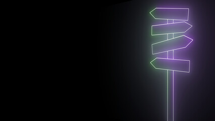 neon Direction sign post with arrow illustration. Realistic 3d choice signpost to choose road or street, blank signboard pointer with  template collection isolated on black background.