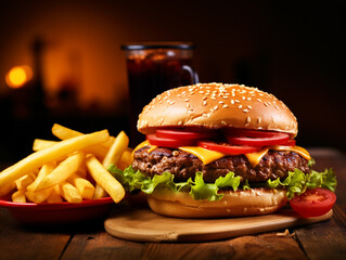 Delicious burger placed on a wooden table with fries - ai generative