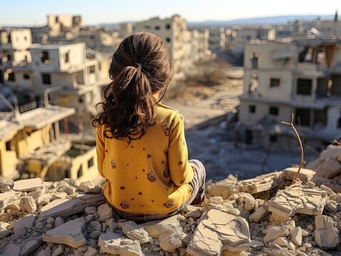 A little girl sits above the ruins of the city. The concept of the outcome of the war. Generated by AI.