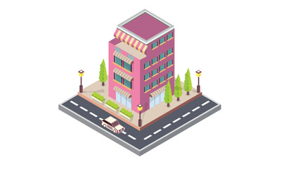 isometric rental room building.on white background.isometric design. 3D design elements for construction of urban and village landscapes.