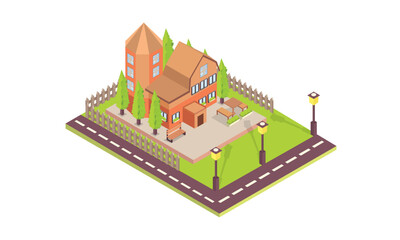 isometric rural houses.on white background.isometric design. 3D design elements for construction of urban and village landscapes.