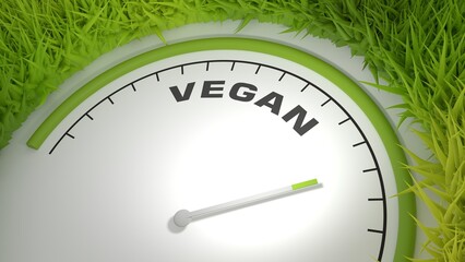Vegan word with measuring device with arrow and scale. Green grass. 3D render