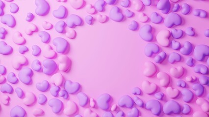 ピンク背景にピンクと紫の複数のハートとコピースペース。俯瞰。（横長）