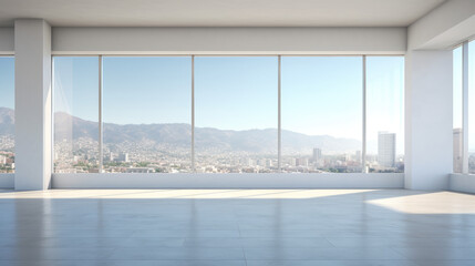 interior of empty white modern apartment building with view of city, for presentation display 