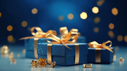 Blue gifts with golden bows and ribbons placed on blue background near stars.