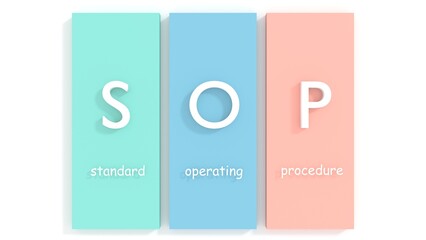 Standard Operating Procedure. SOP is a set of step-by-step instructions compiled by an organization to help workers carry out complex routine operations. Acronym text concept background. 3D render