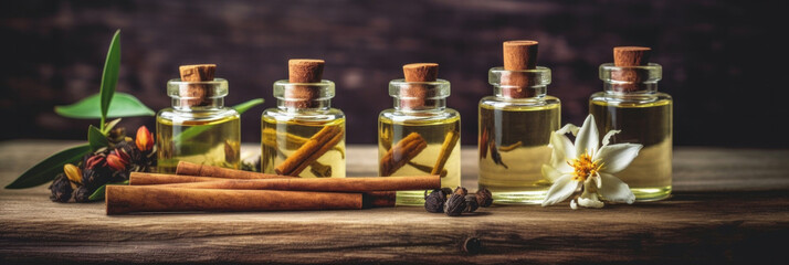 Fototapeta na wymiar Essential oils with jasmine, cinnamon and vanilla on rustic wooden table, retro style. Spa and wellness aromatherapy treatment.