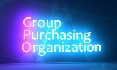 GPO Group Purchasing Organization - entity that is created to leverage the purchasing power of a group of businesses to obtain discounts from vendors. Neon shine acronym text background. 3D render