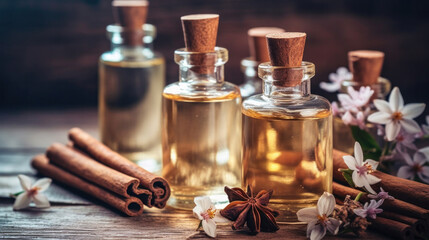 Essential oils with jasmine, cinnamon and vanilla on rustic wooden table, retro style. Spa and wellness aromatherapy treatment. - obrazy, fototapety, plakaty