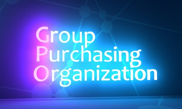 GPO Group Purchasing Organization - entity that is created to leverage the purchasing power of a group of businesses to obtain discounts from vendors. Neon shine acronym text background. 3D render