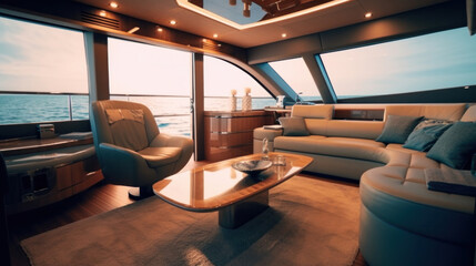 Interior of luxury motor yacht, furnishing decor of the salon area in a rich modern large sea boat...