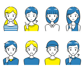 小学生の男子女子　ネガティブな表情　アイコンセット（シンプル）