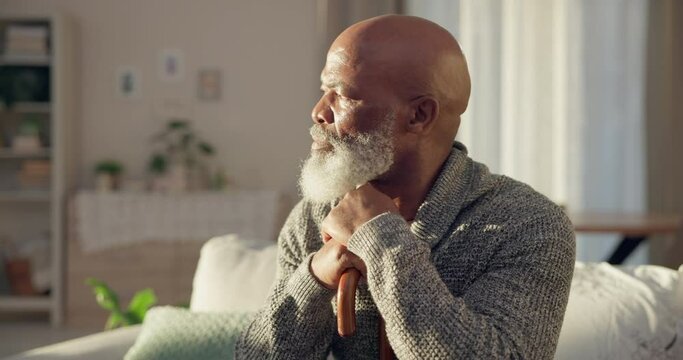 Home, thinking and old man with depression, memory and remember with retirement, alone and sad. Male person, elderly guy or pensioner in a living room, depressed and mental health and grief over loss