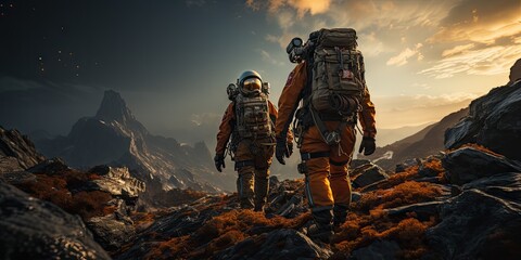 Astronauts in futuristic space suits are exploring the surface of Mars in order to live on Mars in the future by Generative AI - obrazy, fototapety, plakaty