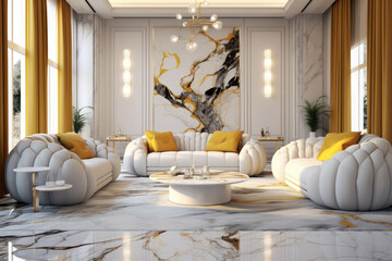luxury room interior fancy apartment suite hotel lounge with white and gold marble and furniture, Generative AI 