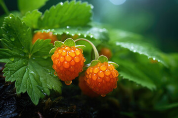 Scandiavian cloudberry with green leaves - obrazy, fototapety, plakaty