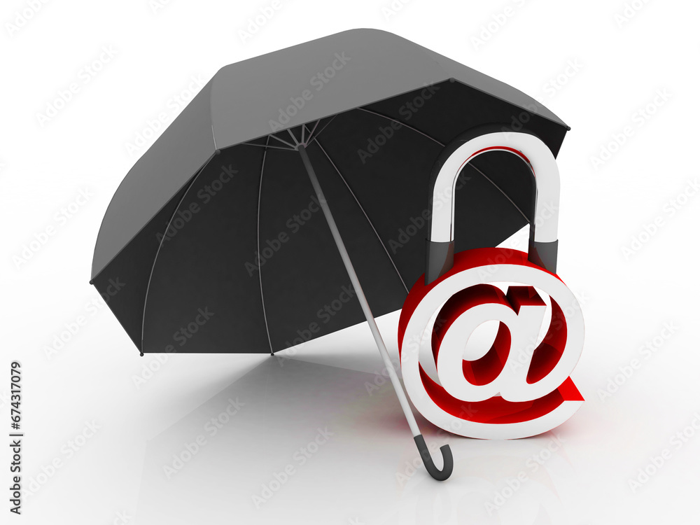 Poster 3d rendering e-mail symbol with lock protected umbrella