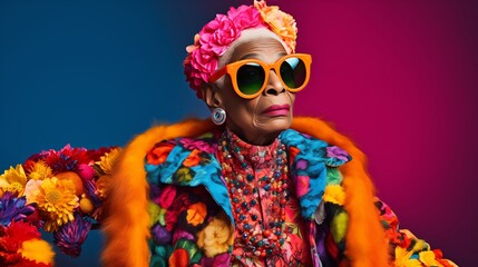 portrait of an elderly African American woman with sunglass in bold colored clothing and head dress