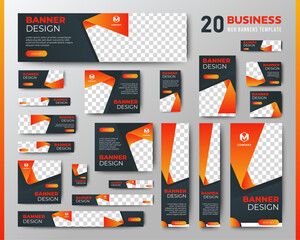 Professional business web ad banner template with photo place. Modern layout black background and orange shape and text design - obrazy, fototapety, plakaty