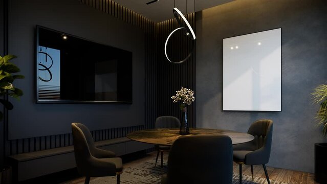 Minimal dining room interior with black tones animation. 3D illustration rendering