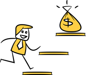 Doodle Businessman Walk up Stair and Pick up Dollar Sack
